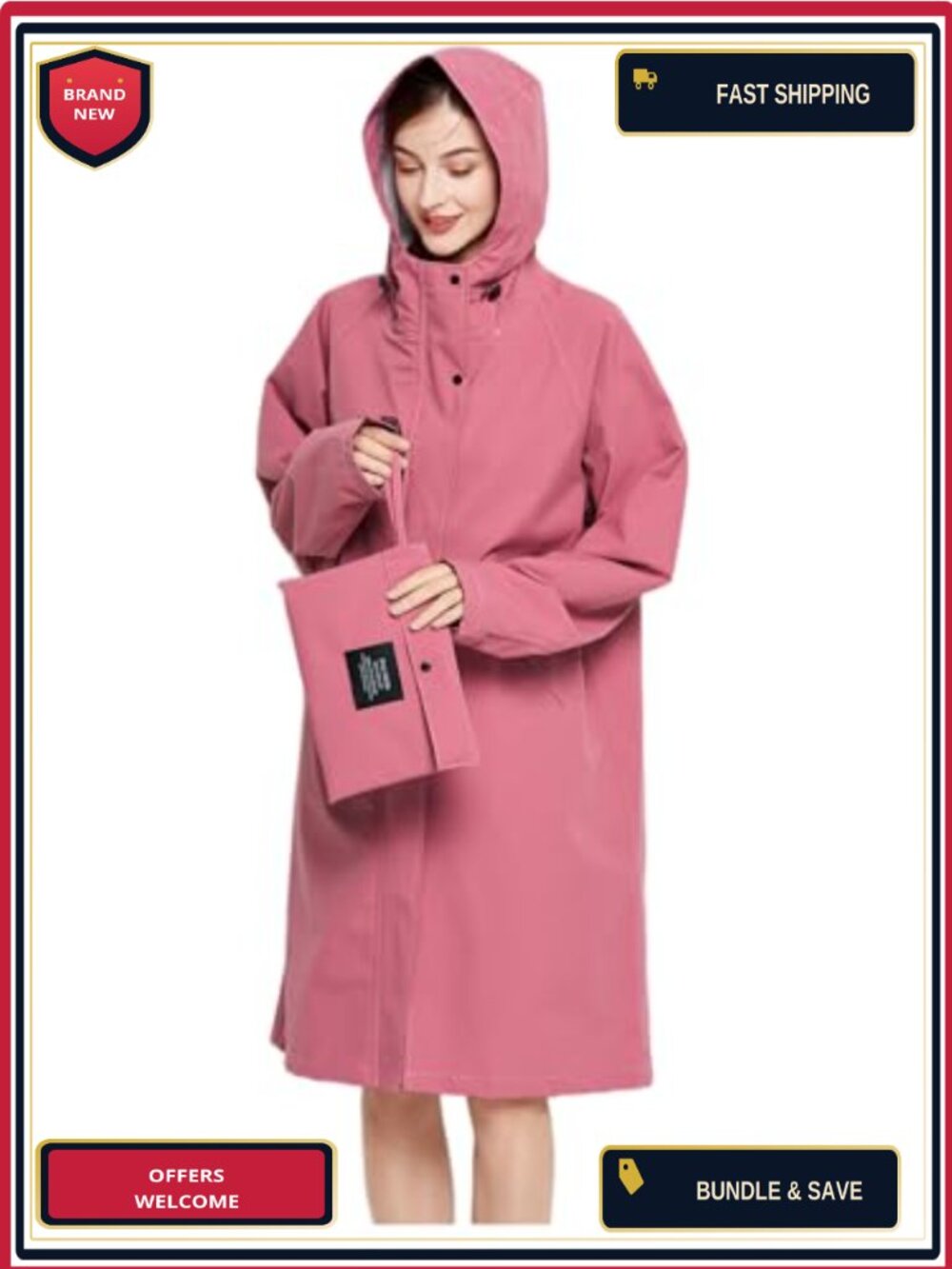 Women's Long Raincoat Jacket with Hood Waterproof Polyester